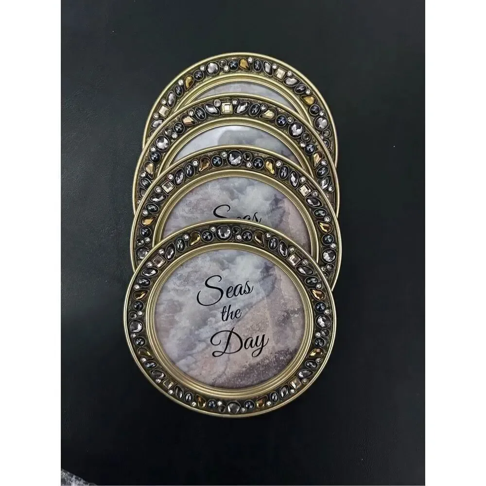 Dickson Gifts Seas The Day Amber Goldtone 4.5 Inch Jeweled Coaster Set of 4 NWOT